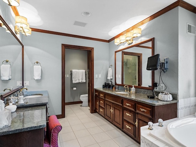 full bath with vanity, tile patterned flooring, visible vents, and crown molding