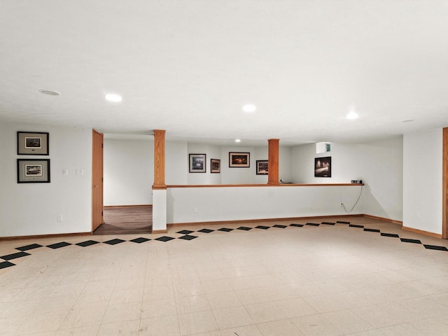 interior space with recessed lighting, tile patterned floors, and baseboards