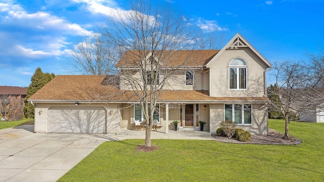 view of front of home featuring a porch, a garage, driveway, roof with shingles, and a front lawn