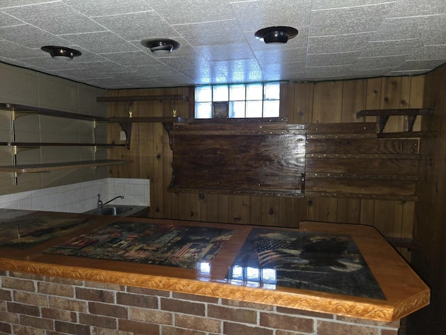 kitchen with wood walls and a sink