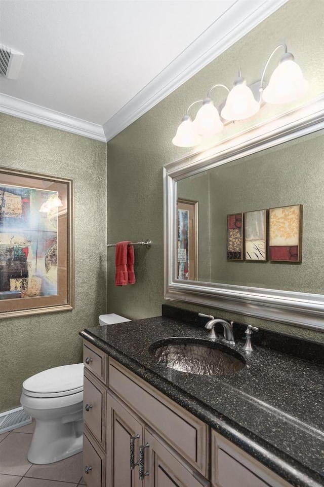 bathroom with visible vents, toilet, crown molding, tile patterned flooring, and vanity