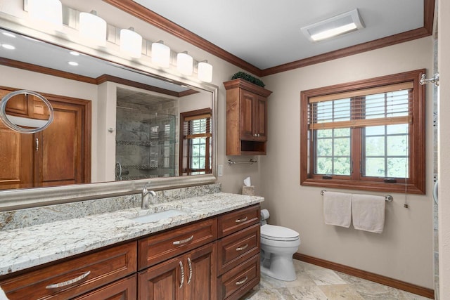 bathroom featuring visible vents, baseboards, a shower stall, and crown molding