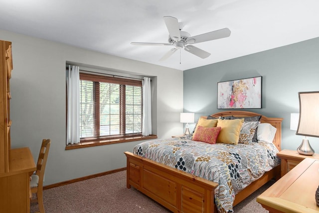 bedroom featuring carpet, baseboards, and ceiling fan