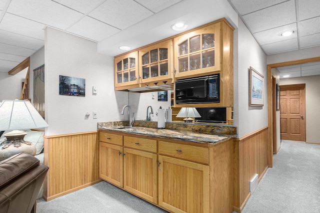 kitchen featuring light carpet, wainscoting, black microwave, and a sink