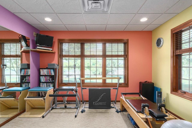 home office with visible vents, baseboards, carpet, recessed lighting, and a paneled ceiling