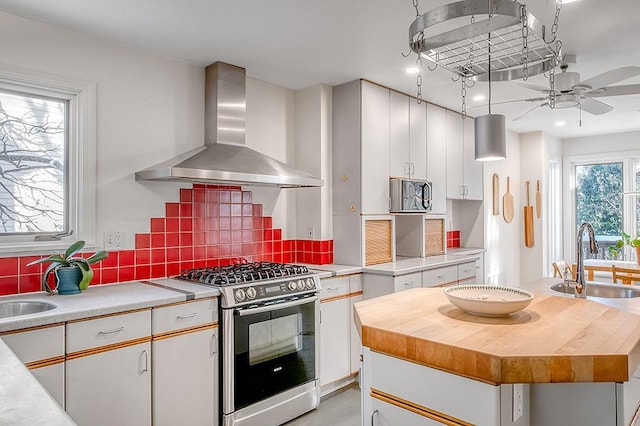 kitchen with wall chimney exhaust hood, tasteful backsplash, appliances with stainless steel finishes, and a sink