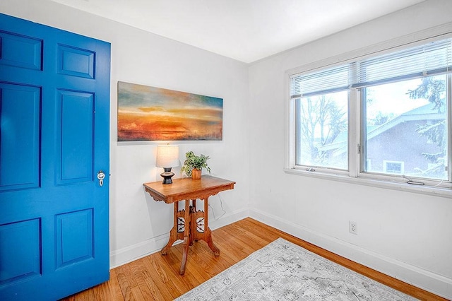 entryway with a wealth of natural light, light wood-style flooring, and baseboards