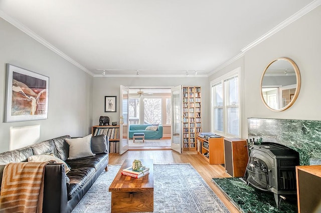 living area featuring light wood-type flooring, track lighting, ornamental molding, and a wood stove