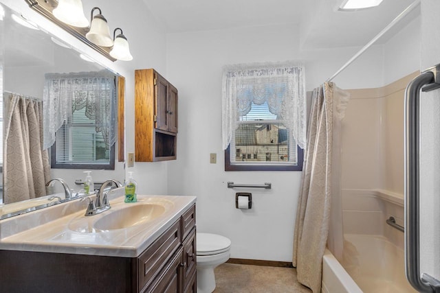 bathroom with vanity, baseboards, tile patterned floors, toilet, and shower / tub combo with curtain