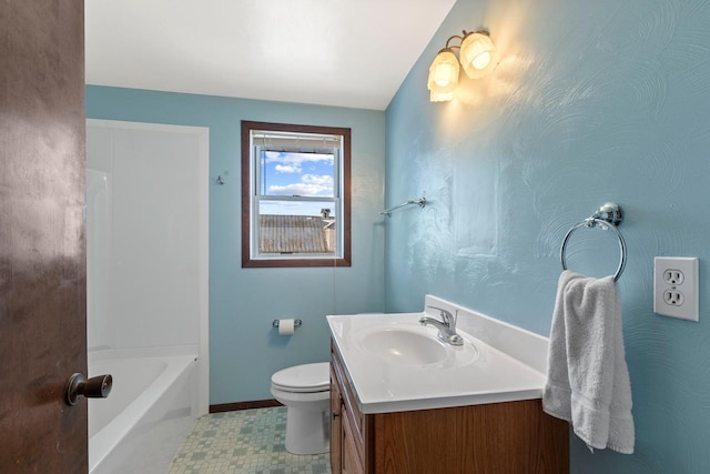 full bath with tile patterned floors, toilet, vanity, and baseboards