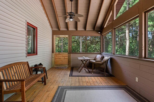 1680 N Aurora Ln, Nekoosa, WI 54457 - sunroom featuring lofted ceiling with beams, wooden ceiling, and a ceiling fan