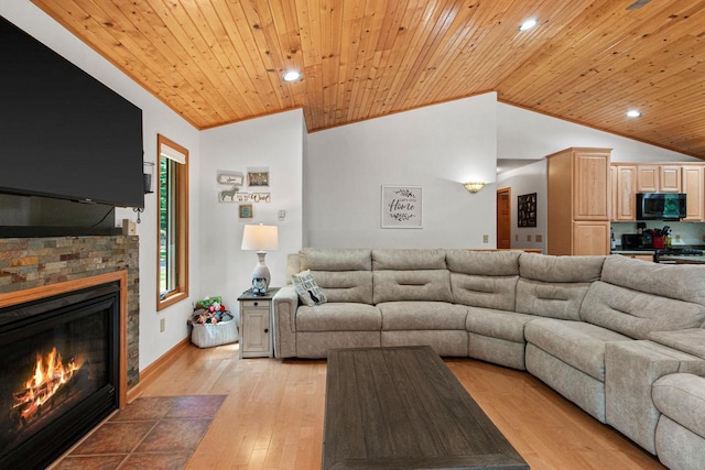 1680 N Aurora Ln, Nekoosa, WI 54457 - living room with a fireplace with flush hearth, light wood-style floors, wood ceiling, and vaulted ceiling