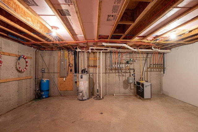 unfinished basement featuring electric panel, water heater, and a heating unit