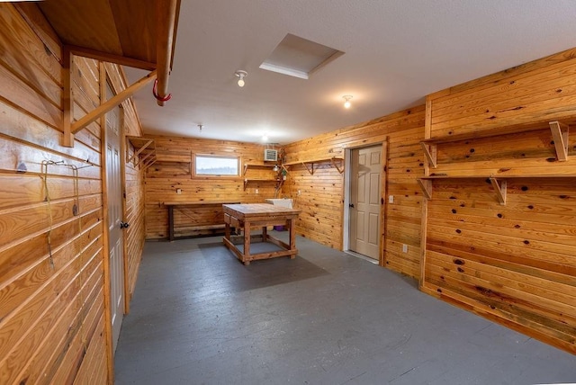 playroom with wooden walls