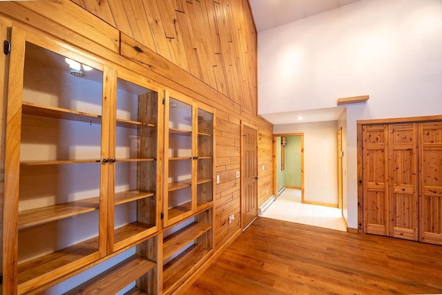 hall featuring wood walls, a towering ceiling, and wood finished floors