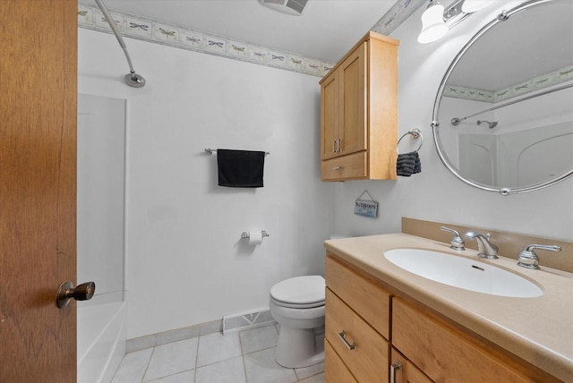 full bathroom with vanity, visible vents, baseboards, tile patterned flooring, and toilet