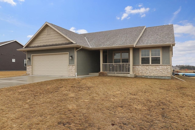 ranch-style house with stone siding, a porch, roof with shingles, concrete driveway, and an attached garage