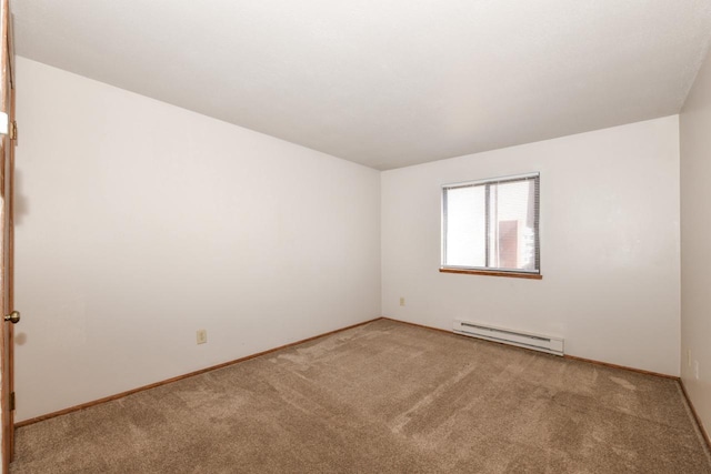 unfurnished room featuring baseboards, carpet floors, and baseboard heating