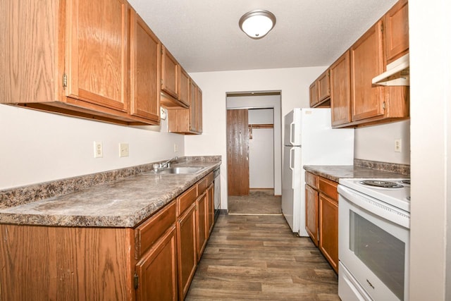 kitchen featuring under cabinet range hood, a sink, a textured ceiling, dark wood-style floors, and white appliances