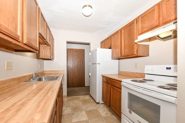 kitchen with under cabinet range hood, brown cabinetry, white appliances, wood counters, and a sink