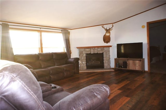 living area with wood finished floors, a fireplace, and ornamental molding