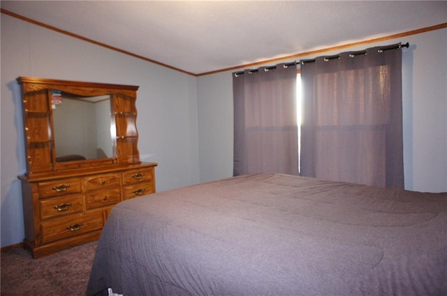 bedroom with carpet flooring and ornamental molding