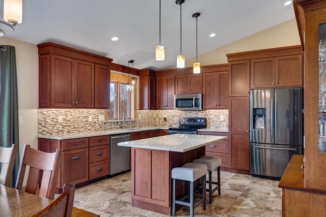 kitchen featuring vaulted ceiling, brown cabinets, backsplash, and stainless steel appliances