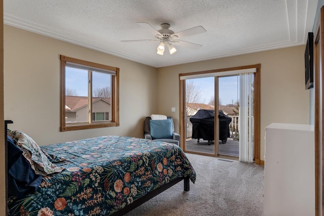 bedroom with a textured ceiling, multiple windows, carpet, and access to outside