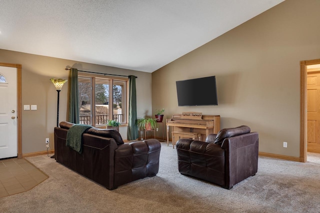 living room featuring light carpet, baseboards, and lofted ceiling