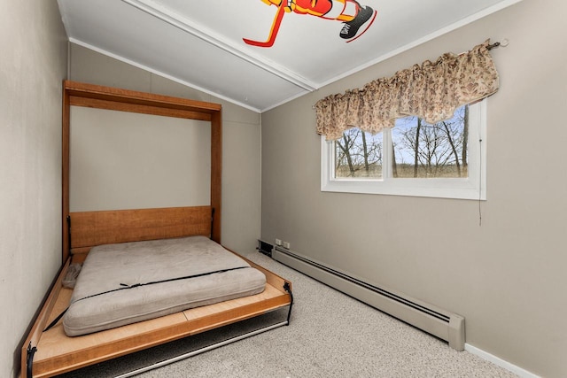 carpeted bedroom with vaulted ceiling, baseboards, and baseboard heating