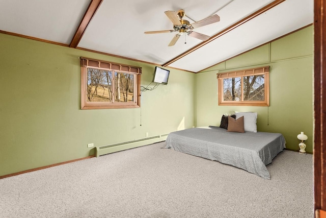 carpeted bedroom with lofted ceiling, baseboards, baseboard heating, and ceiling fan