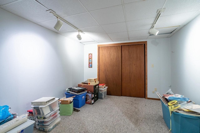 interior space featuring rail lighting and carpet floors