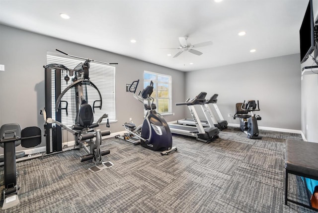 gym with recessed lighting, baseboards, carpet, and ceiling fan