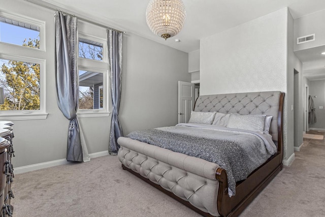 bedroom featuring a chandelier, visible vents, carpet flooring, and baseboards