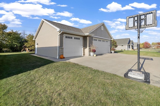 view of property exterior featuring an attached garage, roof with shingles, a yard, stone siding, and driveway