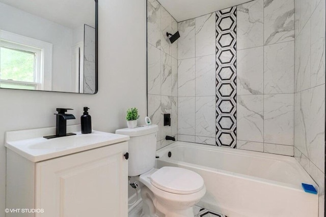 full bath featuring bathtub / shower combination, toilet, and vanity