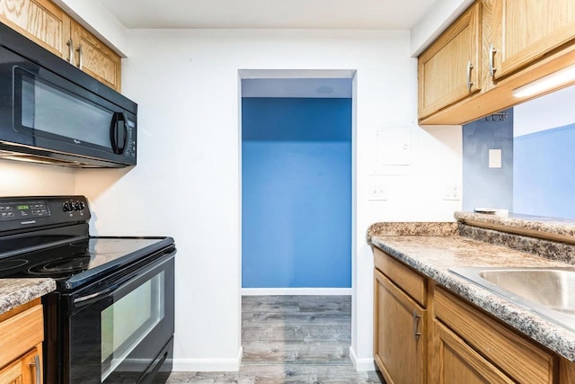 kitchen featuring a sink, baseboards, black appliances, and wood finished floors