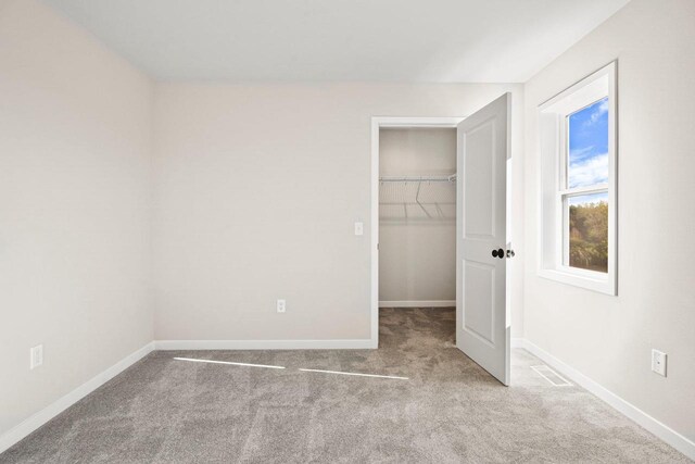 unfurnished bedroom featuring a spacious closet, carpet flooring, baseboards, and a closet