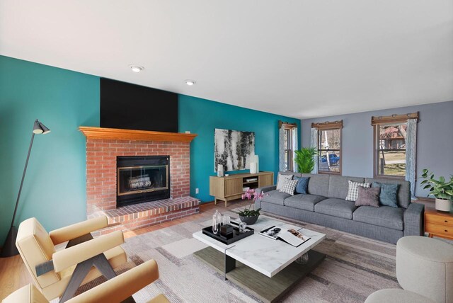 living area with a fireplace and wood finished floors