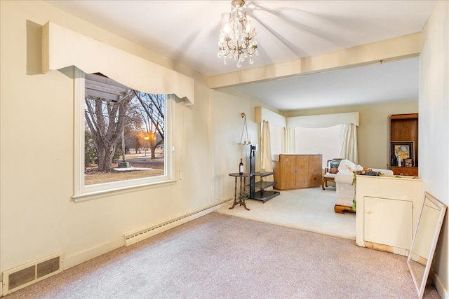 interior space featuring visible vents, carpet, beam ceiling, a notable chandelier, and a baseboard radiator