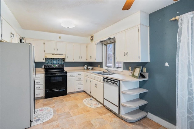 kitchen with a sink, baseboards, under cabinet range hood, white appliances, and open shelves