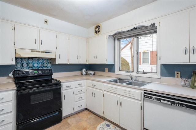 kitchen with under cabinet range hood, light countertops, white dishwasher, electric range, and a sink