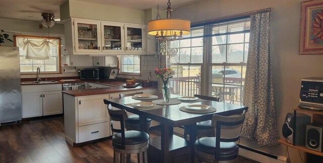 dining area featuring plenty of natural light, dark wood-type flooring, ceiling fan, and a baseboard radiator