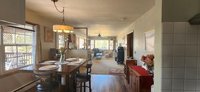 dining space featuring ceiling fan, a baseboard heating unit, and wood finished floors