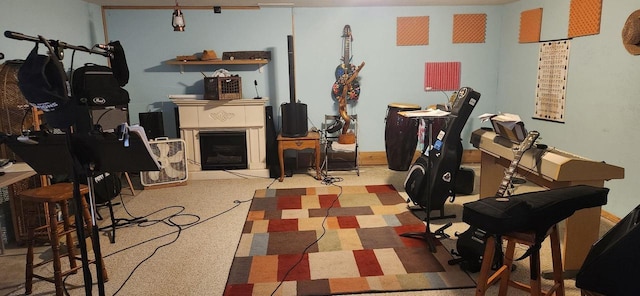 interior space featuring a fireplace with raised hearth