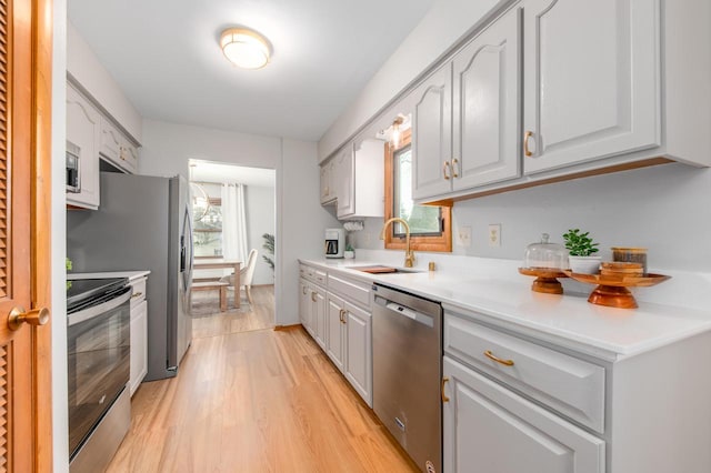 kitchen featuring a sink, light wood-type flooring, plenty of natural light, and appliances with stainless steel finishes