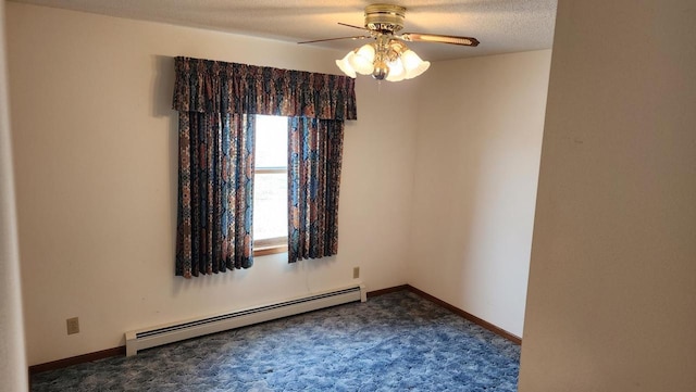 carpeted empty room with baseboards, baseboard heating, a ceiling fan, and a textured ceiling