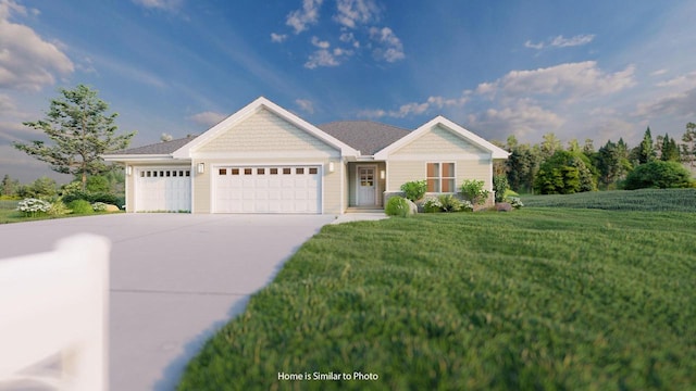 single story home with a garage, driveway, and a front lawn