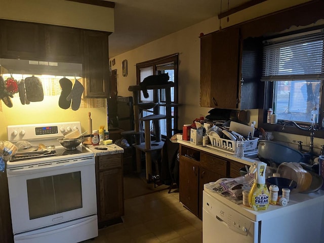 kitchen featuring a sink, light countertops, white electric range, and dark brown cabinetry