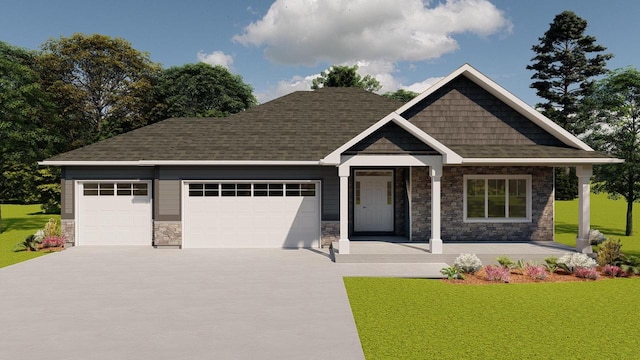 exterior space featuring stone siding, a garage, driveway, and a front yard